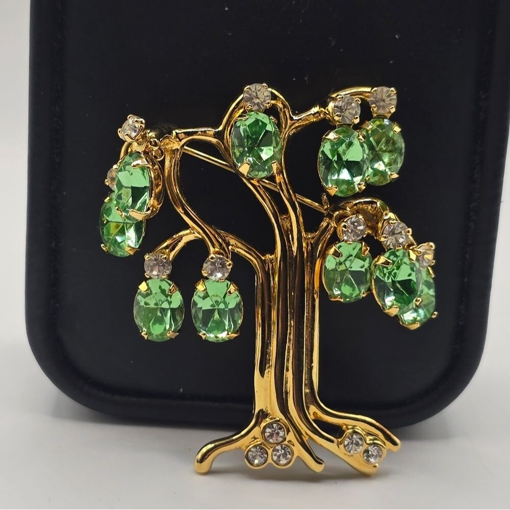 KJL Tree Of Life Green Uranium Glass Rhinestone Dangle Brooch Pin Signed